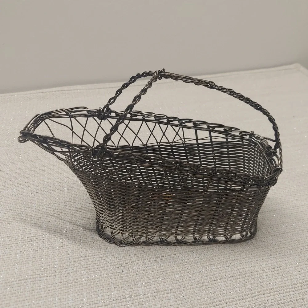 Vintage Silver Plated Wine Bottle Basket French Style Wire Carrier Twist Handle